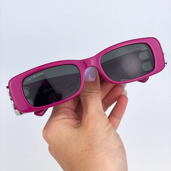 Balenciaga BB0096S 016 Sunglasses Fuchsia Purple Silver Logo Rectangle Unisex - Picture 8 of 15